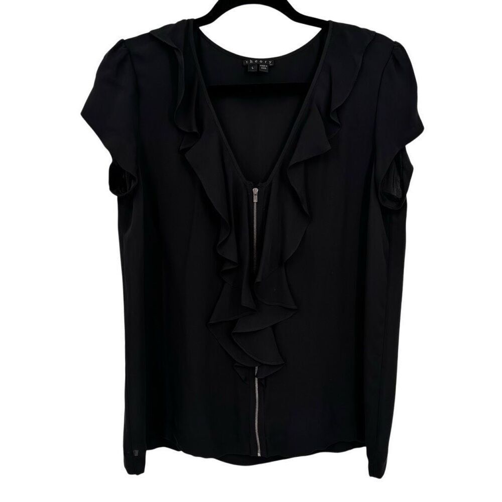 Theory 100% Silk Zip‎ Front Ruffle Short Sleeve Top Black Size Large
